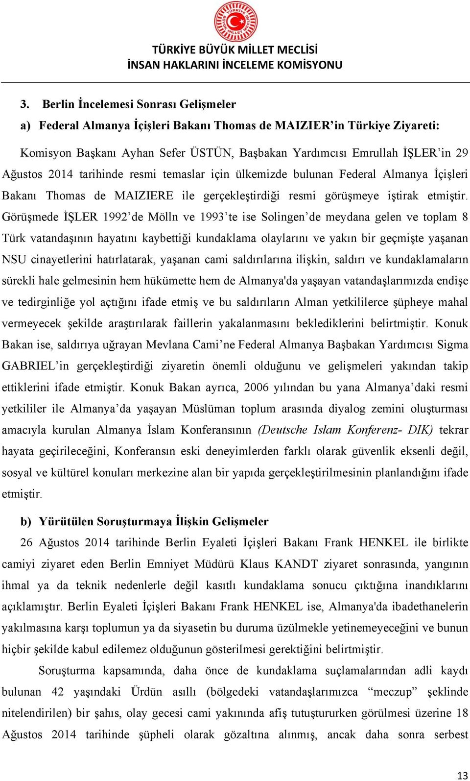 Görüşmede İŞLER 1992 de Mölln ve 1993 te ise Solingen de meydana gelen ve toplam 8 Türk vatandaşının hayatını kaybettiği kundaklama olaylarını ve yakın bir geçmişte yaşanan NSU cinayetlerini