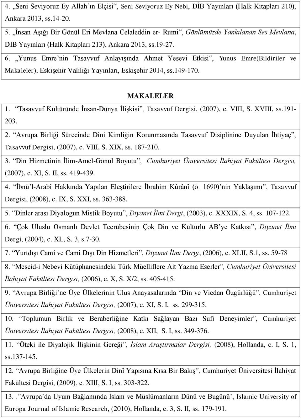 Yunus Emre nin Tasavvuf Anlayışında Ahmet Yesevi Etkisi, Yunus Emre(Bildiriler ve Makaleler), Eskişehir Valiliği Yayınları, Eskişehir 2014, ss.149-170. MAKALELER 1.