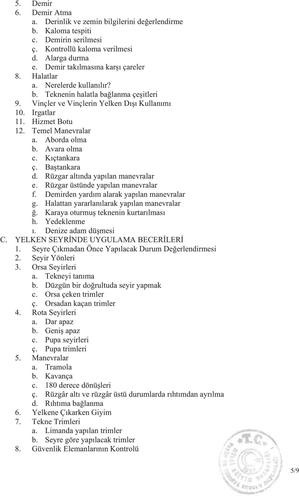 K çtankara ç. Ba tankara d. Rüzgar alt nda yap lan manevralar e. Rüzgar üstünde yap lan manevralar f. Demirden yard m alarak yap lan manevralar g. Halattan yararlan larak yap lan manevralar.