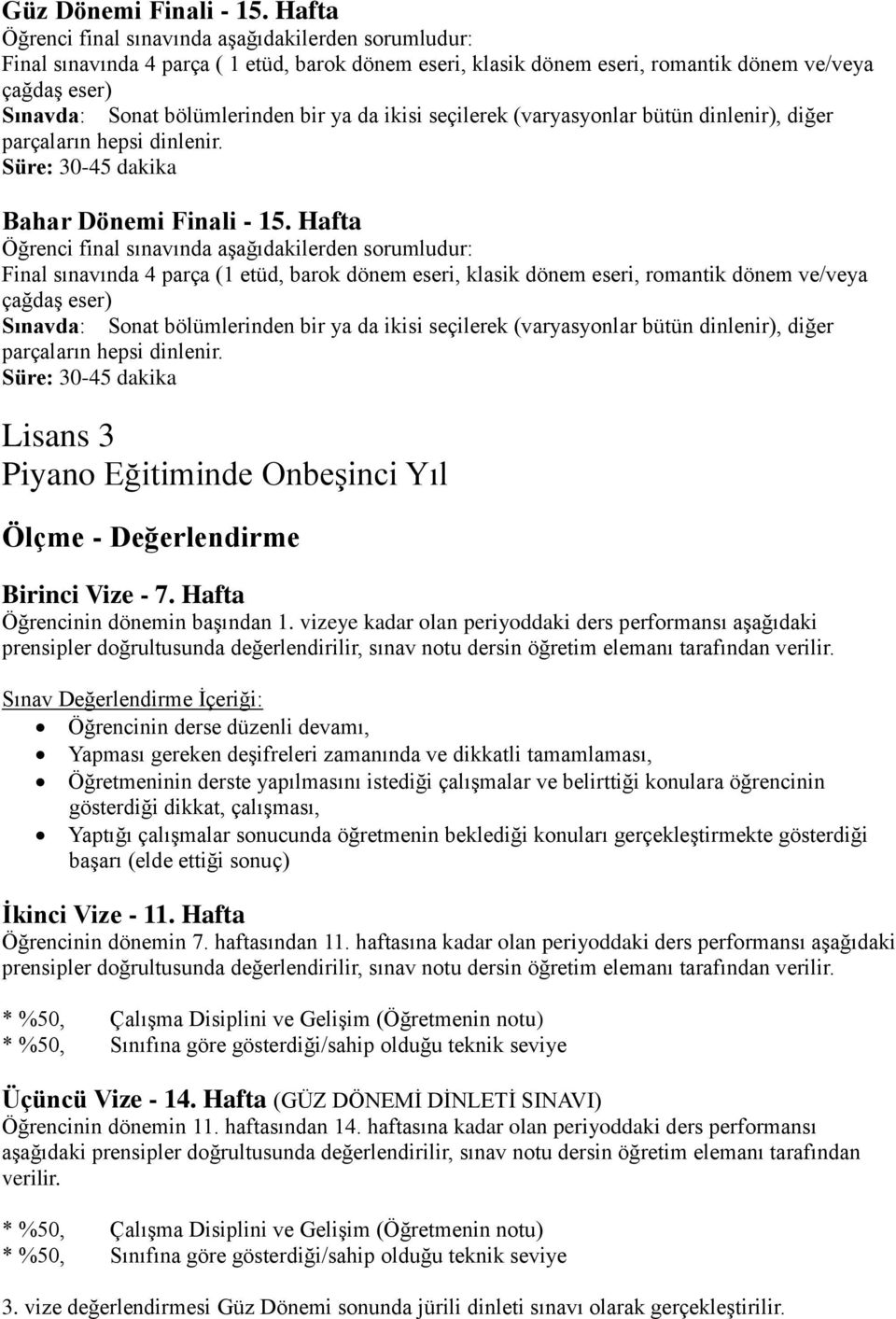 Süre: 30-45 dakika Final sınavında 4 parça (1 etüd, barok dönem eseri, klasik dönem eseri, romantik dönem ve/veya Sınavda: Sonat