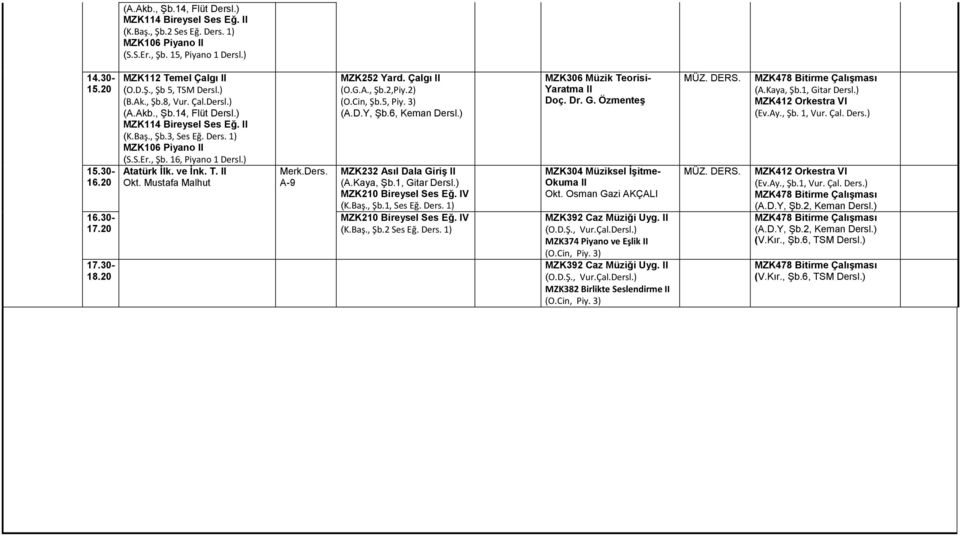 Ders. 1) MZK306 Müzik Teorisi- Yaratma II Doç. Dr. G. Özmenteş MZK304 Müziksel İşitme- Okuma II MZK392 Caz Müziği Uyg. II MZK374 Piyano ve Eşlik II MZK392 Caz Müziği Uyg.