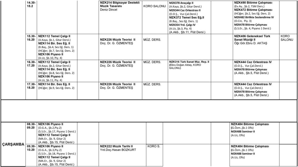 ) MZK344 Caz Orkestrası II MZK372 Temel Ses Eğ.II (K.Baş., Ses Eğ. Ders. 1) MZK354 Yrd. Çalgı IV (A.Uz, Şb.3, Piy. 4) (A.Akb., Şb.11, Flüt Dersl.) MZK316 Türk Sanat Müz. Rep.