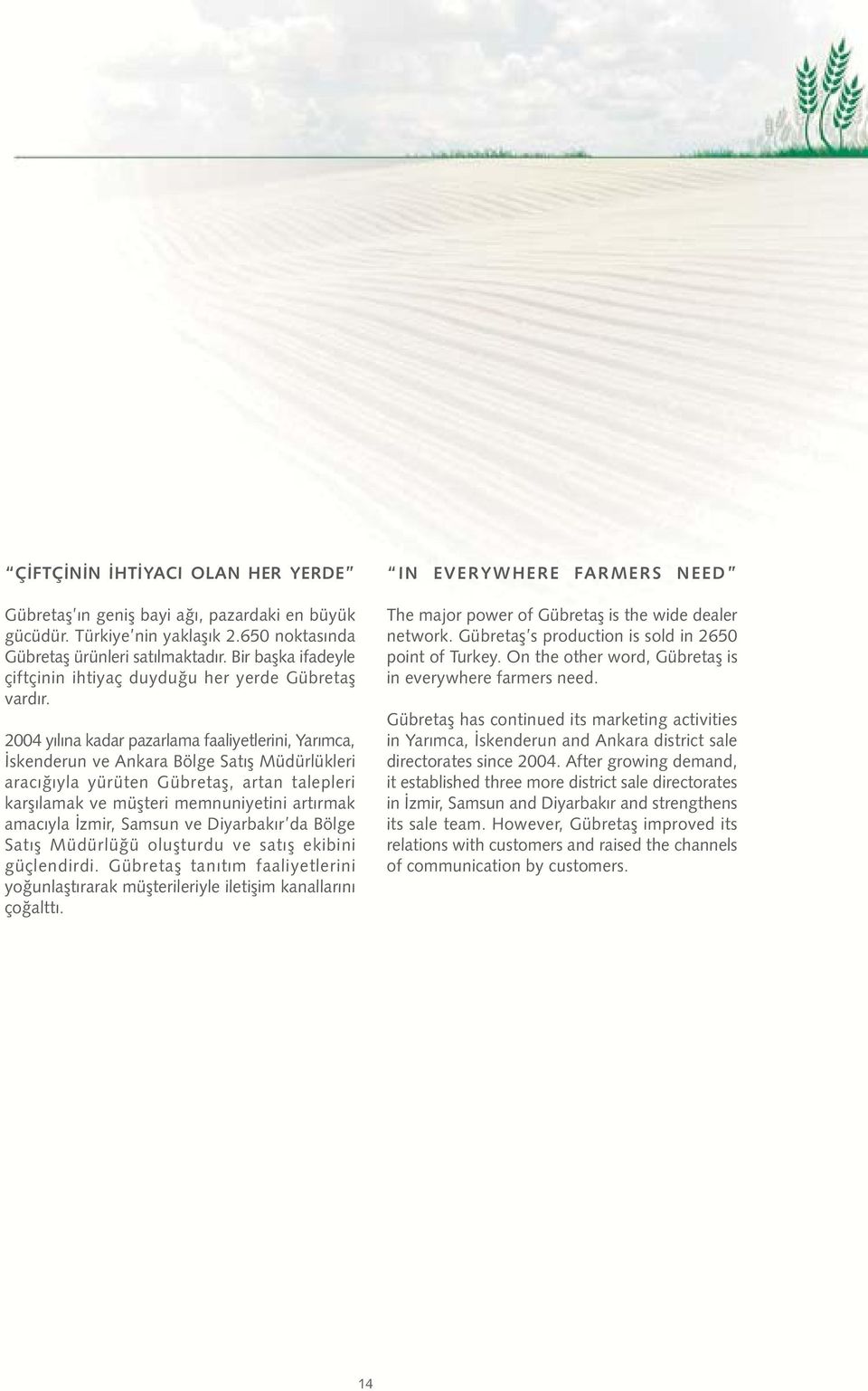 2004 yýlýna kadar pazarlama faaliyetlerini, Yarýmca, Ýskenderun ve Ankara Bölge Satýþ Müdürlükleri aracýðýyla yürüten Gübretaþ, artan talepleri karþýlamak ve müþteri memnuniyetini artýrmak amacýyla