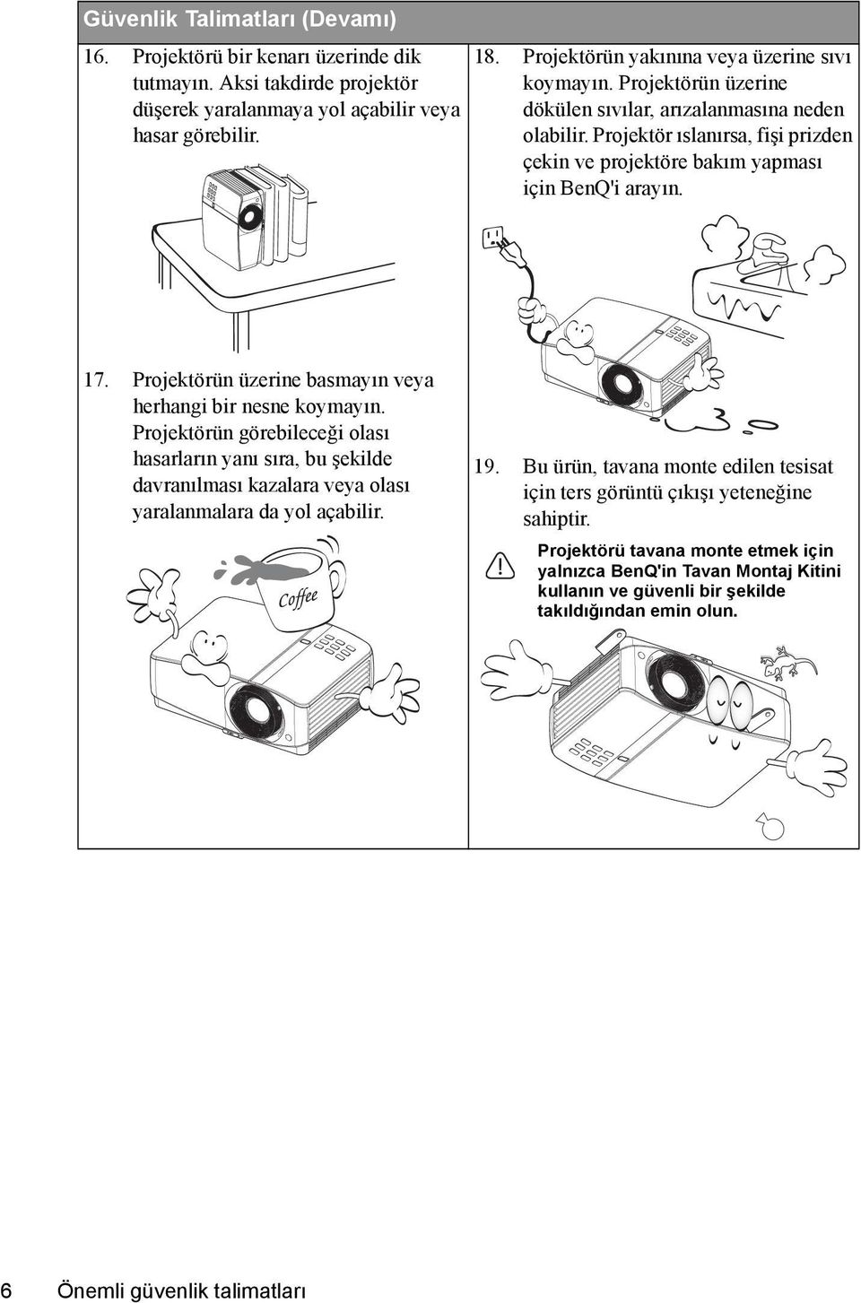 Projektör ıslanırsa, fişi prizden çekin ve projektöre bakım yapması için BenQ'i arayın. 17. Projektörün üzerine basmayın veya herhangi bir nesne koymayın.