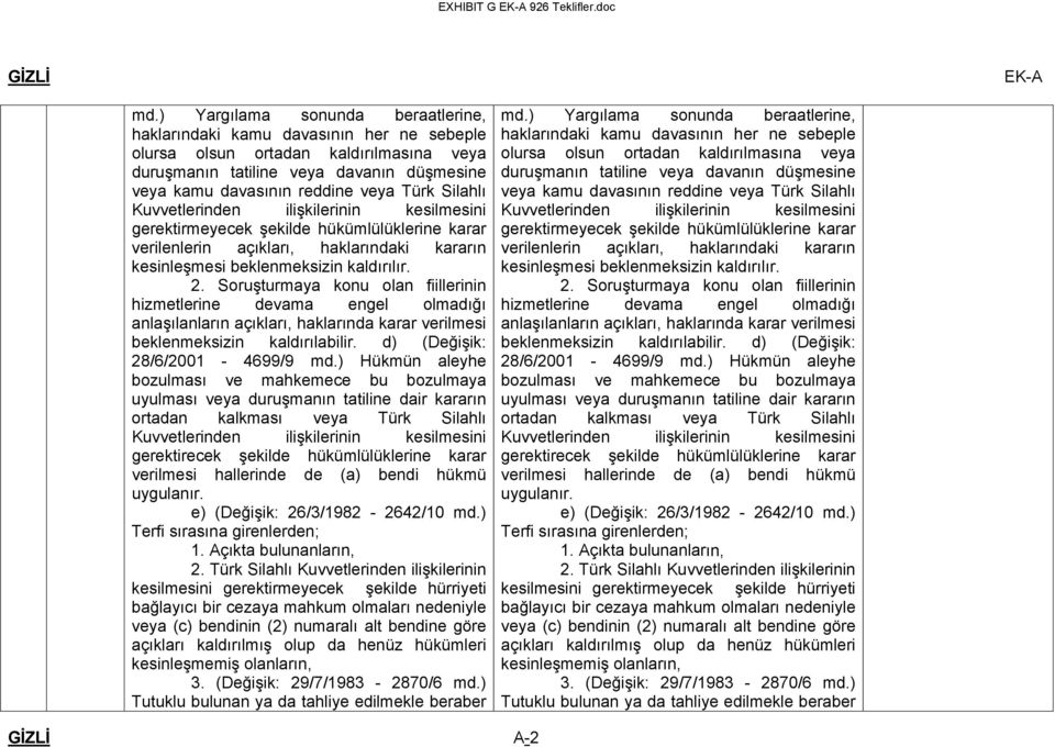 Silahlı Kuvvetlerinden ilişkilerinin kesilmesini gerektirmeyecek şekilde hükümlülüklerine karar verilenlerin açıkları, haklarındaki kararın kesinleşmesi beklenmeksizin kaldırılır. 2.