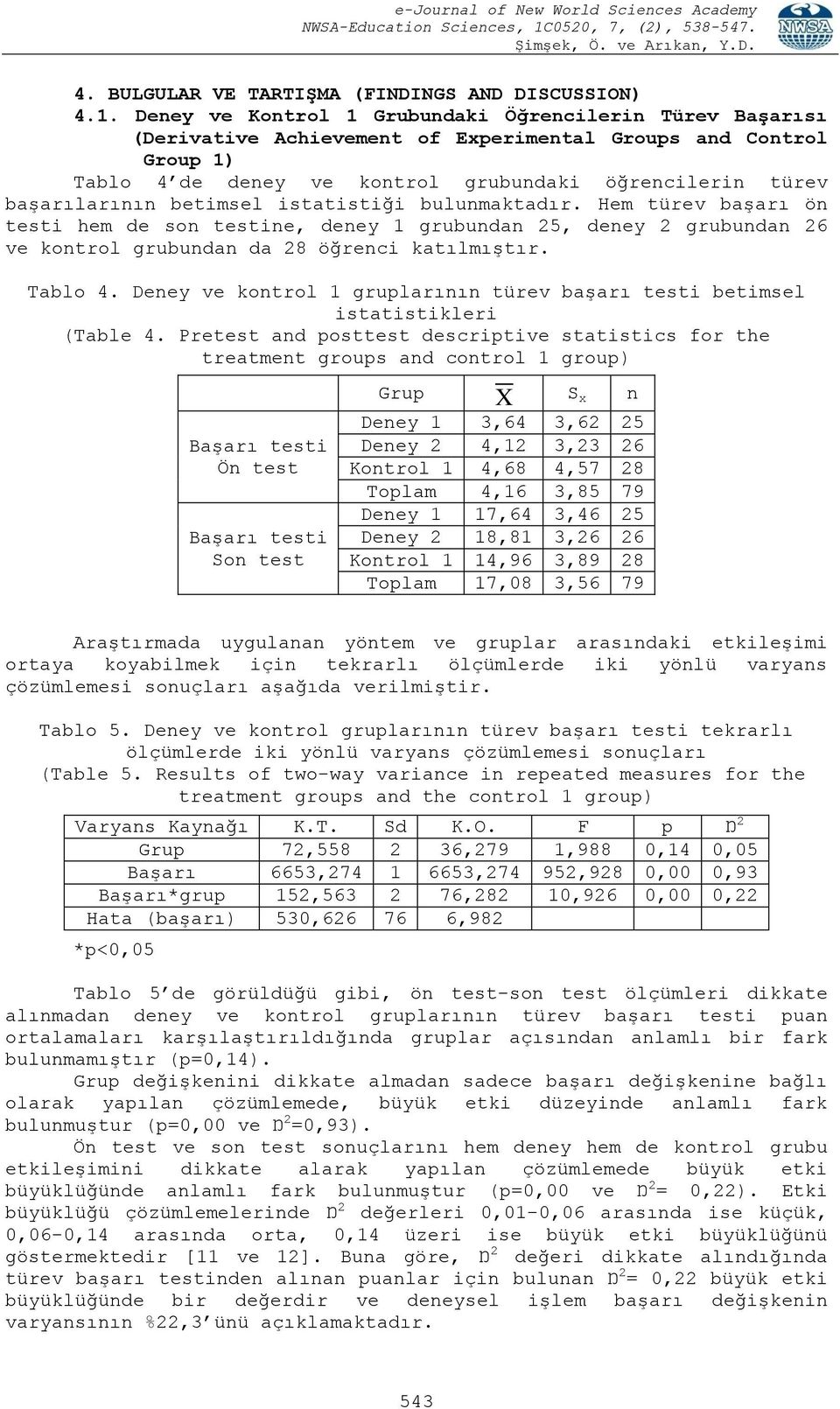 istatistiği bulunmaktadır. Hem türev başarı ön testi hem de son testine, deney 1 grubundan 25, deney 2 grubundan 26 ve kontrol grubundan da 28 öğrenci katılmıştır. Tablo 4.