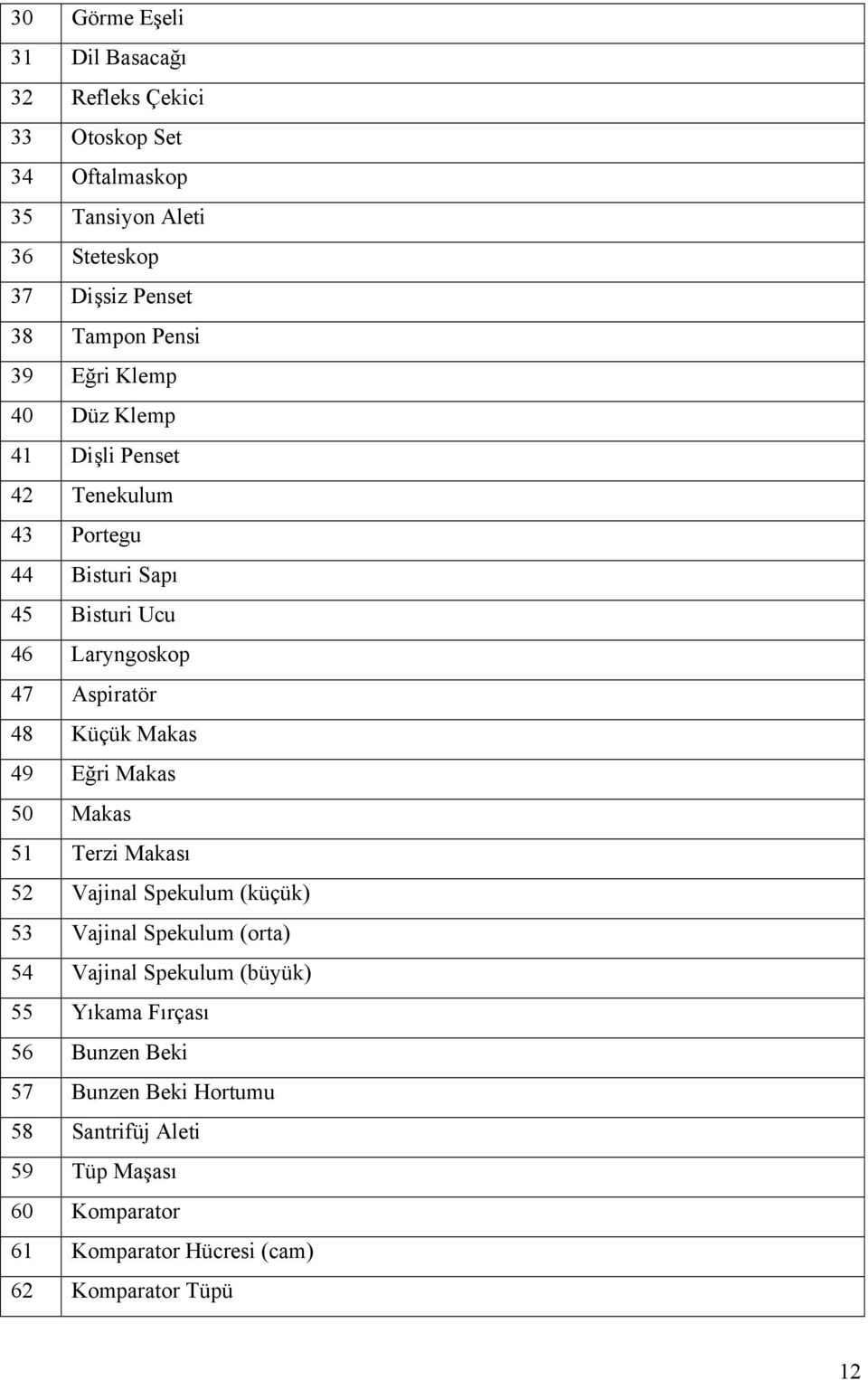 Küçük Makas 49 Eğri Makas 50 Makas 51 Terzi Makası 52 Vajinal Spekulum (küçük) 53 Vajinal Spekulum (orta) 54 Vajinal Spekulum (büyük) 55