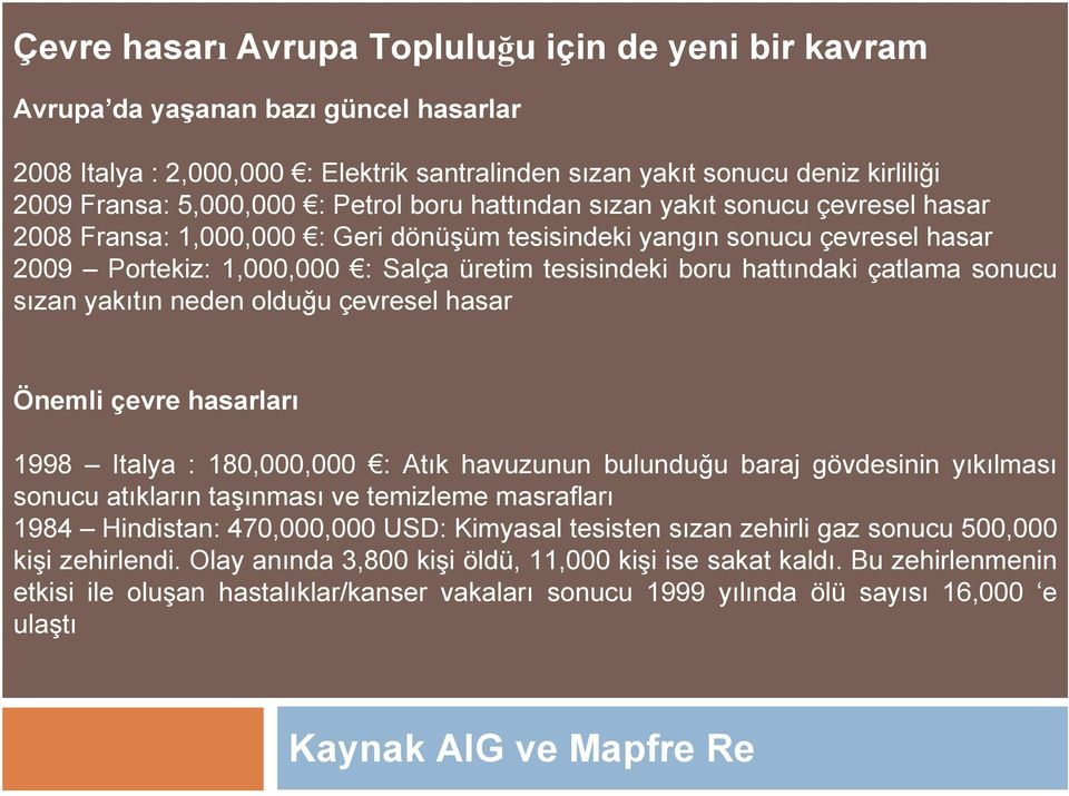 hattındaki çatlama sonucu sızan yakıtın neden olduğu çevresel hasar Önemli çevre hasarları 1998 Italya : 180,000,000 : Atık havuzunun bulunduğu baraj gövdesinin yıkılması sonucu atıkların taşınması