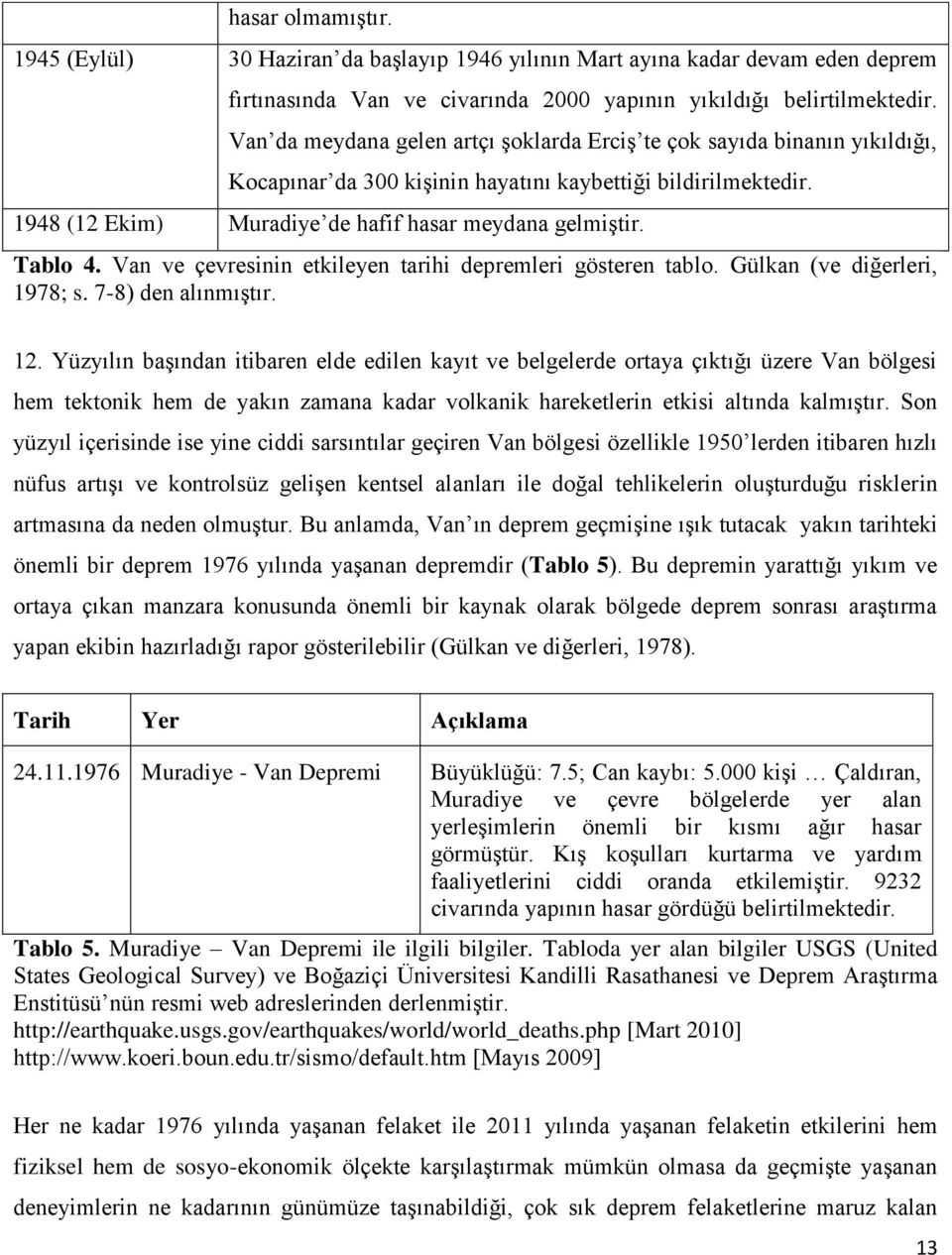 Tablo 4. Van ve çevresinin etkileyen tarihi depremleri gösteren tablo. Gülkan (ve diğerleri, 1978; s. 7-8) den alınmıģtır. 12.