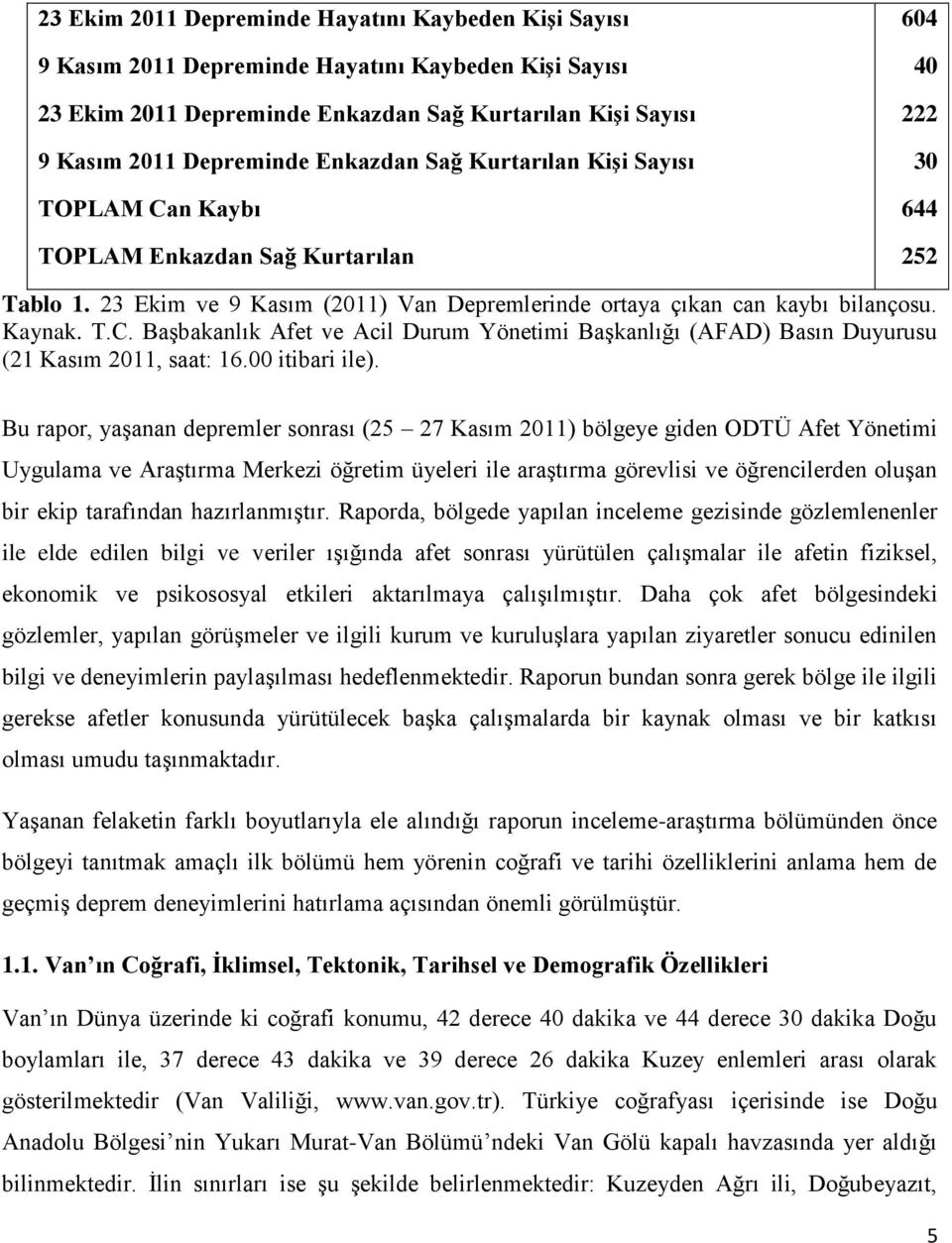 T.C. BaĢbakanlık Afet ve Acil Durum Yönetimi BaĢkanlığı (AFAD) Basın Duyurusu (21 Kasım 2011, saat: 16.00 itibari ile).