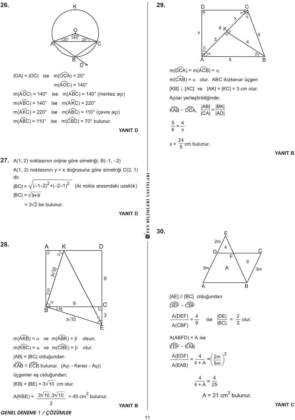 YNIT D D m(dé) = m(é) = α m(é) = α olur. ikizkenar üçgen [K] [] ve K = K = cm olur. çýlar yerleþtirildiðinde; K Kÿ Dÿ, = D 5 4 = 6 x x = 4 5 x β α cm bulunur. 6 K 5 4 β 5 YNIT 0. E 8.