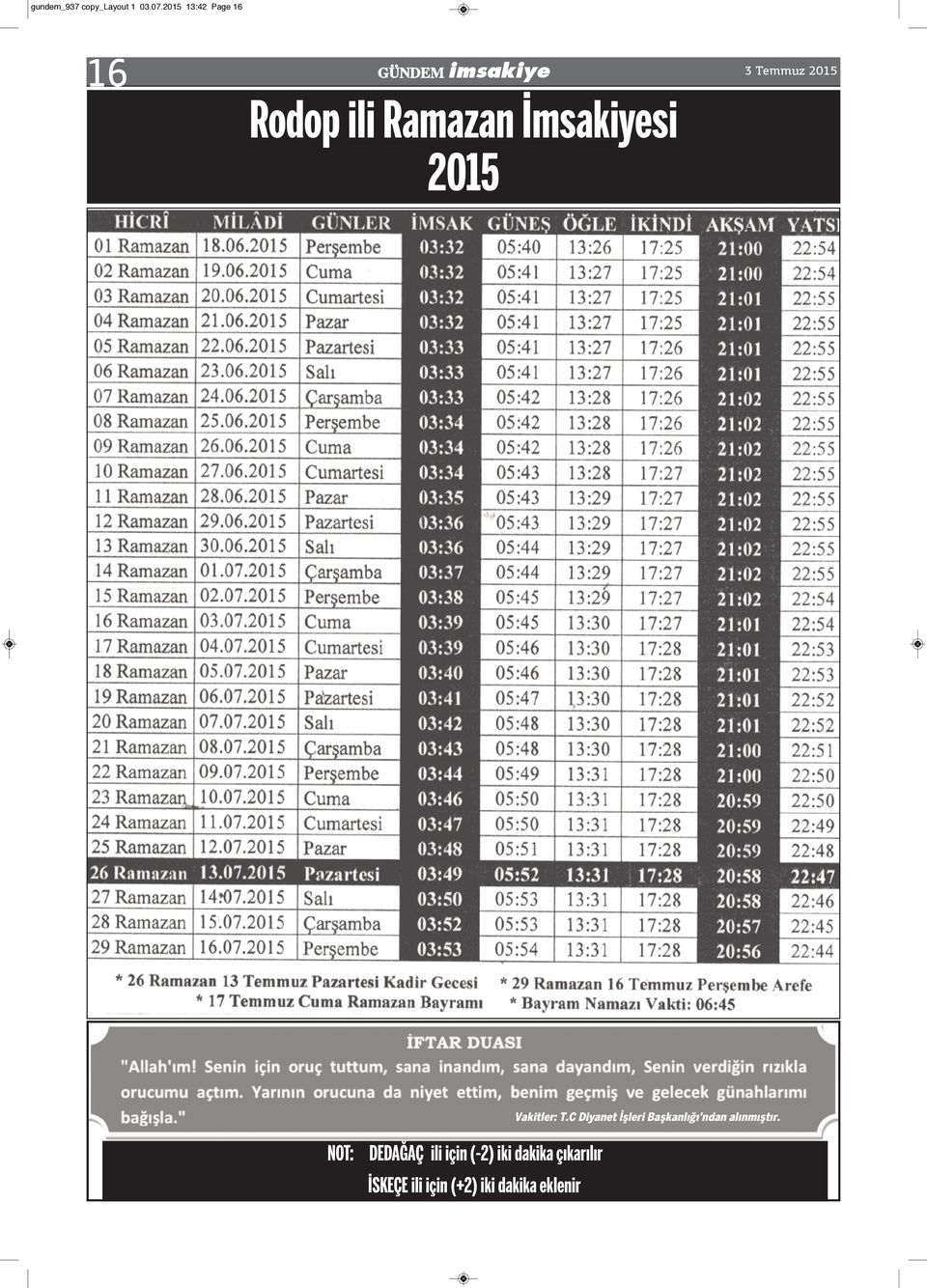 İmsakiyesi 2015 Vakitler: T.