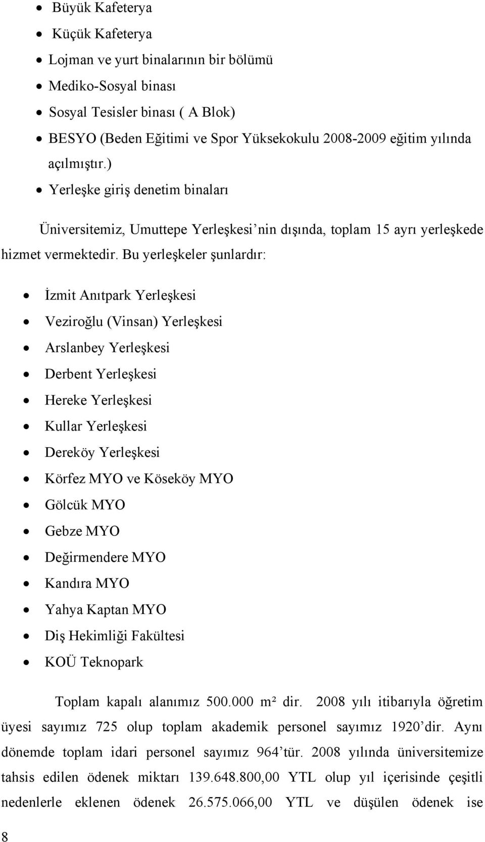 Bu yerleşkeler şunlardır: İzmit Anıtpark Yerleşkesi Veziroğlu (Vinsan) Yerleşkesi Arslanbey Yerleşkesi Derbent Yerleşkesi Hereke Yerleşkesi Kullar Yerleşkesi Dereköy Yerleşkesi Körfez MYO ve Köseköy