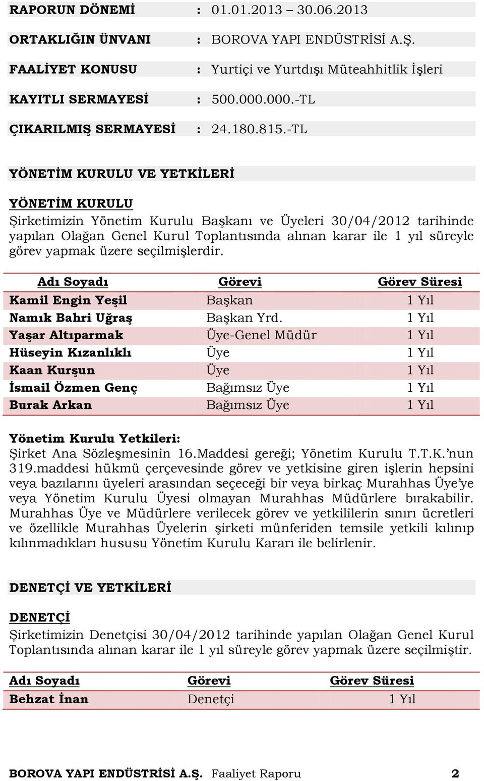 -TL YÖNETİM KURULU VE YETKİLERİ YÖNETİM KURULU Şirketimizin Yönetim Kurulu Başkanı ve Üyeleri 30/04/2012 tarihinde yapılan Olağan Genel Kurul Toplantısında alınan karar ile 1 yıl süreyle görev yapmak