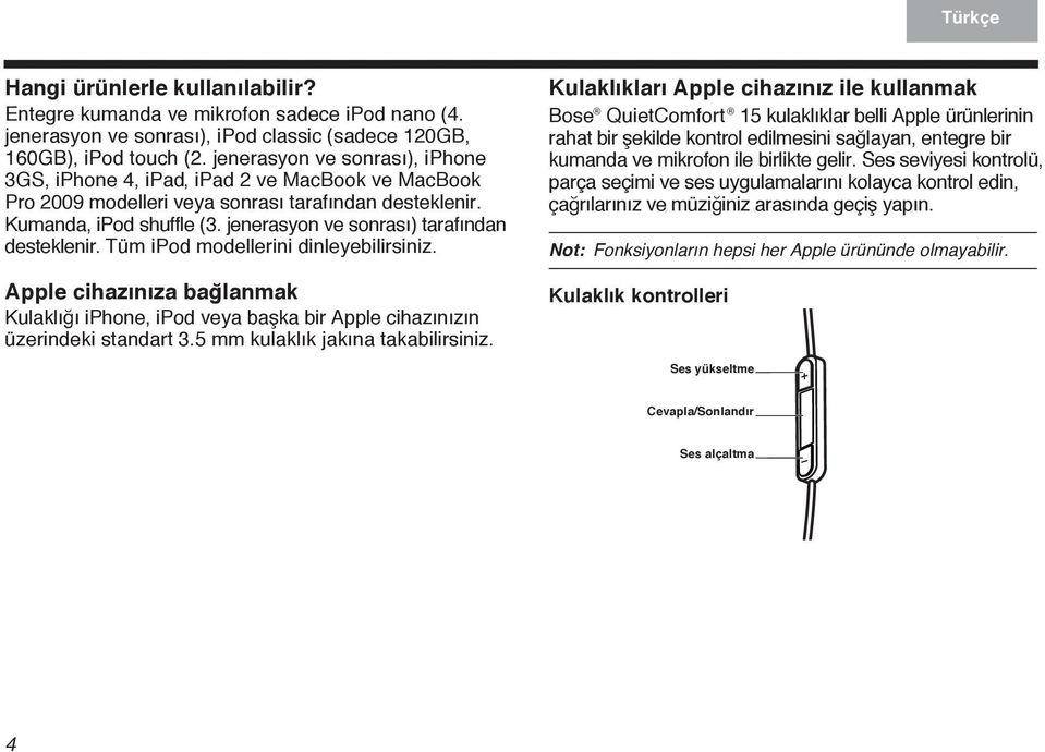 jenerasyon ve sonrası), iphone 3GS, iphone 4, ipad, ipad 2 ve MacBook ve MacBook Pro 2009 modelleri veya sonrası tarafından desteklenir. Kumanda, ipod shuffle (3.