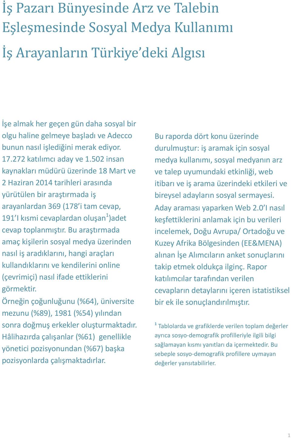 502 insan kaynakları müdürü üzerinde 18 Mart ve 2 Haziran 2014 tarihleri arasında yürütülen bir araştırmada iş arayanlardan 369 (178 i tam cevap, 191 I kısmi cevaplardan oluşan 1 )adet cevap