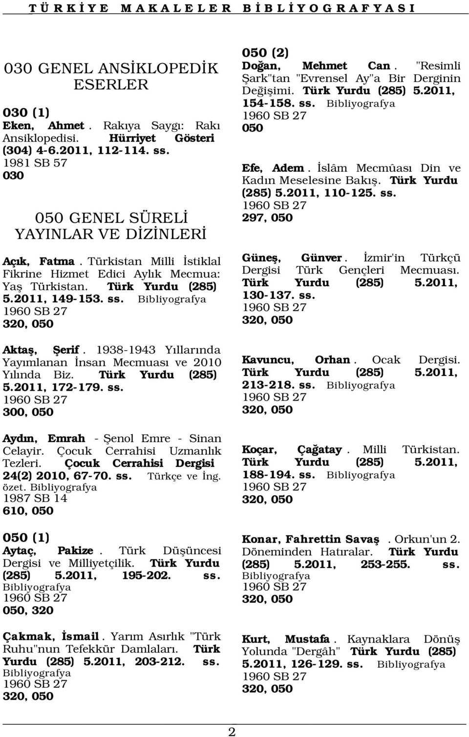 Türkistan Milli stiklal Fikrine Hizmet Edici Ayl k Mecmua: Yafl Türkistan. Türk Yurdu (285) 5.2011, 149-153. ss. 1960 SB 27 320, 050 Günefl, Günver. zmir'in Türkçü Dergisi Türk Gençleri Mecmuas.