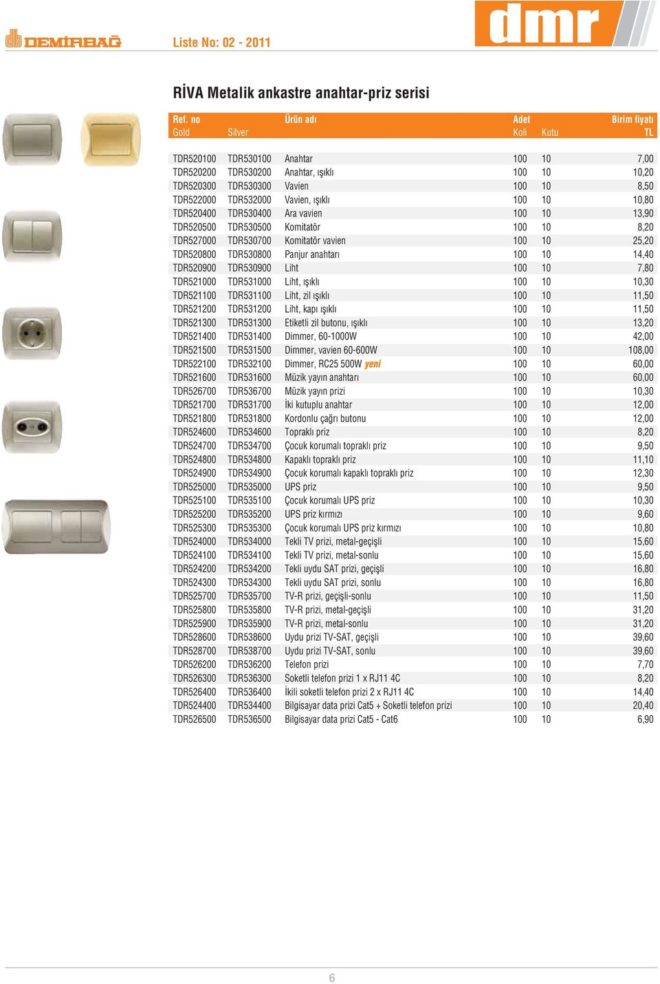 TDR530800 Panjur anahtar 100 10 14,40 TDR520900 TDR530900 Liht 100 10 7,80 TDR521000 TDR531000 Liht, fl kl 100 10 10,30 TDR521100 TDR531100 Liht, zil fl kl 100 10 11,50 TDR521200 TDR531200 Liht, kap