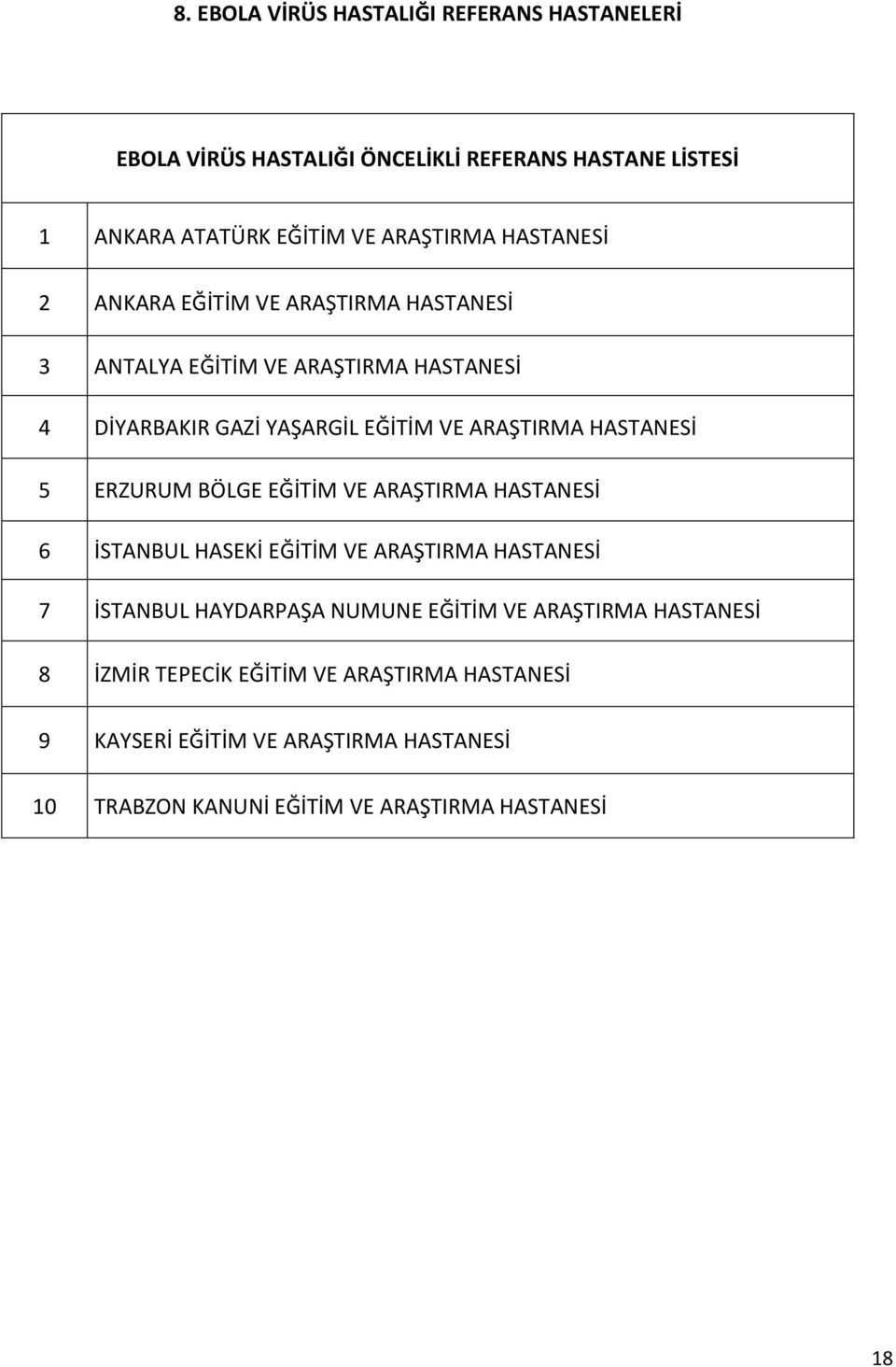 HASTANESİ 5 ERZURUM BÖLGE EĞİTİM VE ARAŞTIRMA HASTANESİ 6 İSTANBUL HASEKİ EĞİTİM VE ARAŞTIRMA HASTANESİ 7 İSTANBUL HAYDARPAŞA NUMUNE EĞİTİM VE