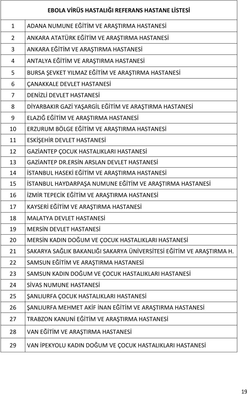 EĞİTİM VE ARAŞTIRMA HASTANESİ 10 ERZURUM BÖLGE EĞİTİM VE ARAŞTIRMA HASTANESİ 11 ESKİŞEHİR DEVLET HASTANESİ 12 GAZİANTEP ÇOCUK HASTALIKLARI HASTANESİ 13 GAZİANTEP DR.