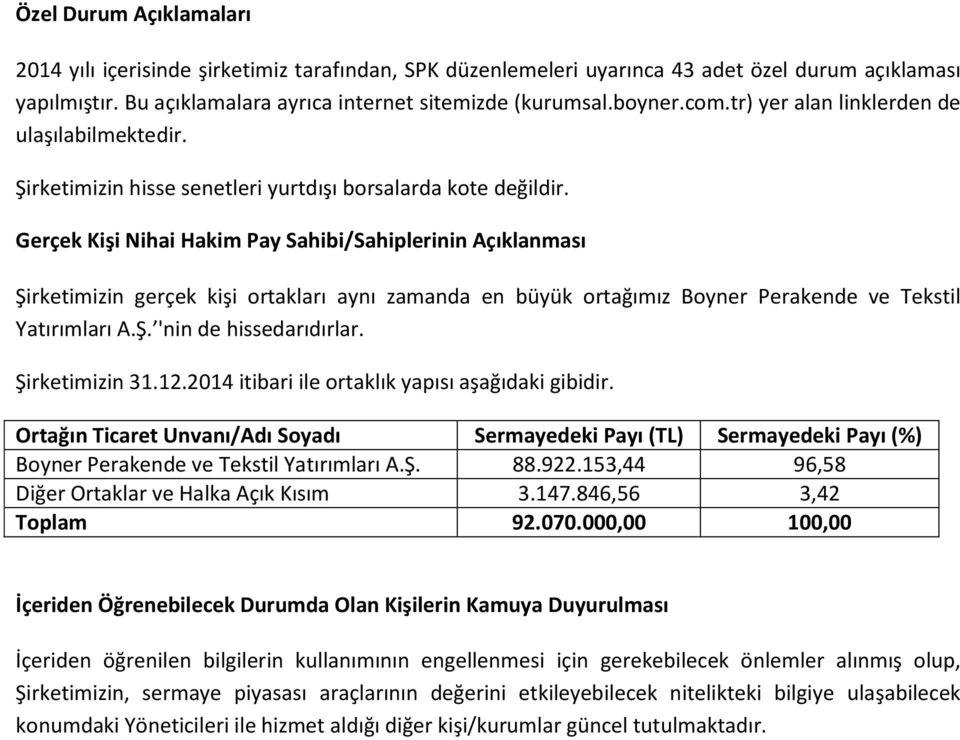 Gerçek Kişi Nihai Hakim Pay Sahibi/Sahiplerinin Açıklanması Şirketimizin gerçek kişi ortakları aynı zamanda en büyük ortağımız Boyner Perakende ve Tekstil Yatırımları A.Ş. 'nin de hissedarıdırlar.