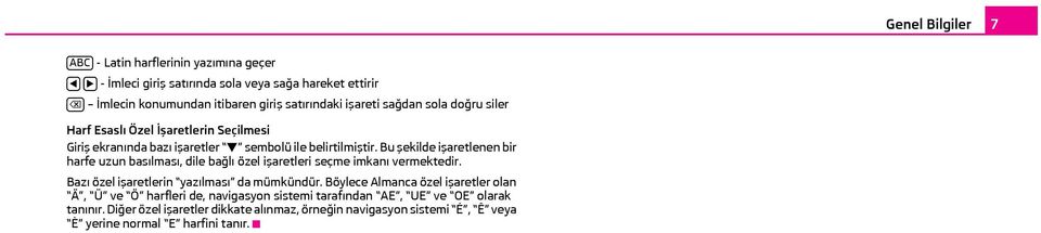 Bu şekilde işaretlenen bir harfe uzun basılması, dile bağlı özel işaretleri seçme imkanı vermektedir. Bazı özel işaretlerin yazılması da mümkündür.