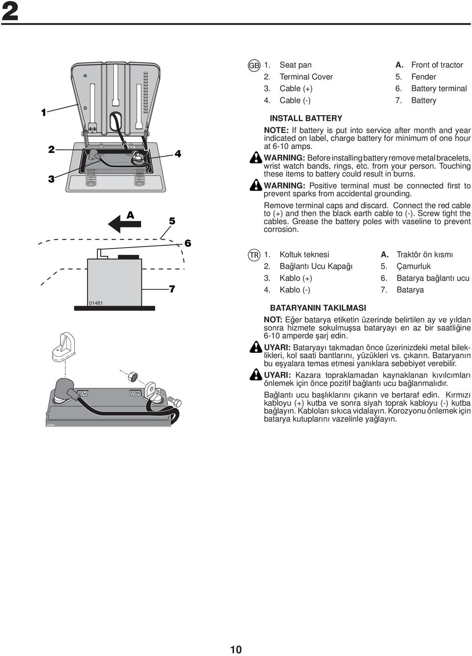 WARNING: Before installing battery re move metal brace lets, wrist watch bands, rings, etc. from your person. Touch ing these items to battery could result in burns.