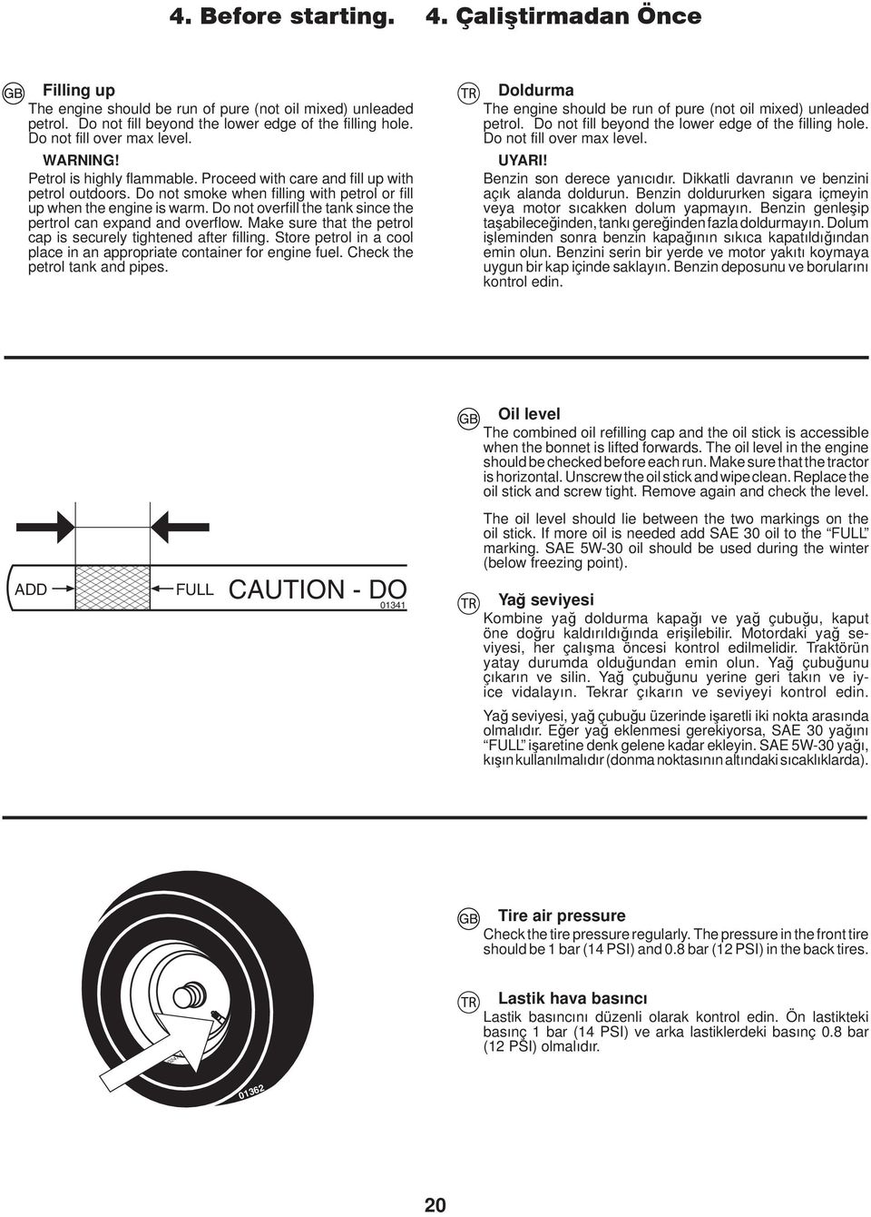 Do not overfill the tank since the pertrol can expand and overflow. Make sure that the petrol cap is securely tight ened after fill ing.