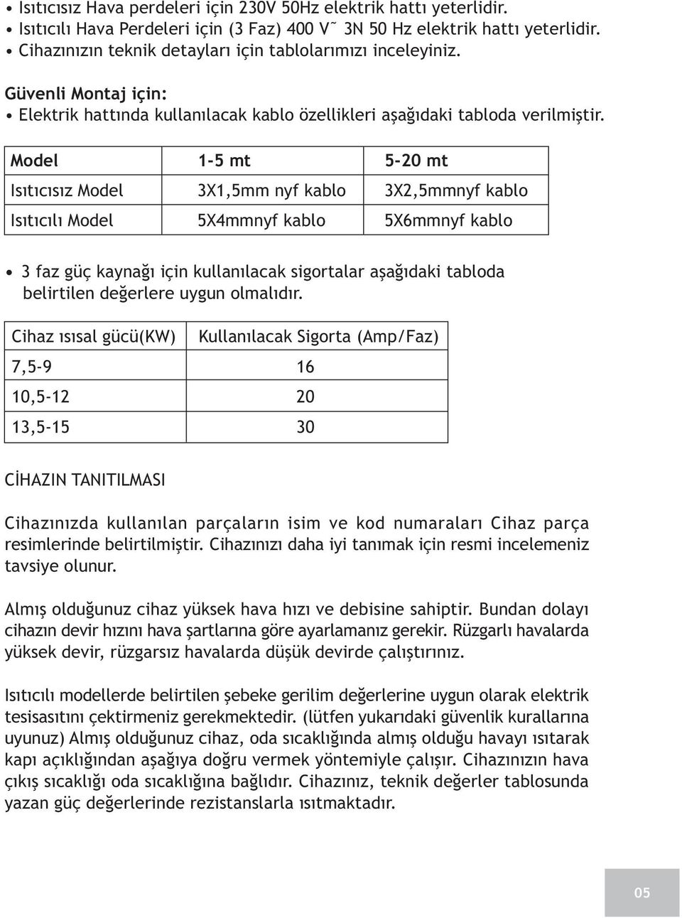 Model 1-5 mt 5-20 mt Isýtýcýsýz Model 3X1,5mm nyf kablo 3X2,5mmnyf kablo Isýtýcýlý Model 5X4mmnyf kablo 5X6mmnyf kablo 3 faz güç kaynaðý için kullanýlacak sigortalar aþaðýdaki tabloda belirtilen