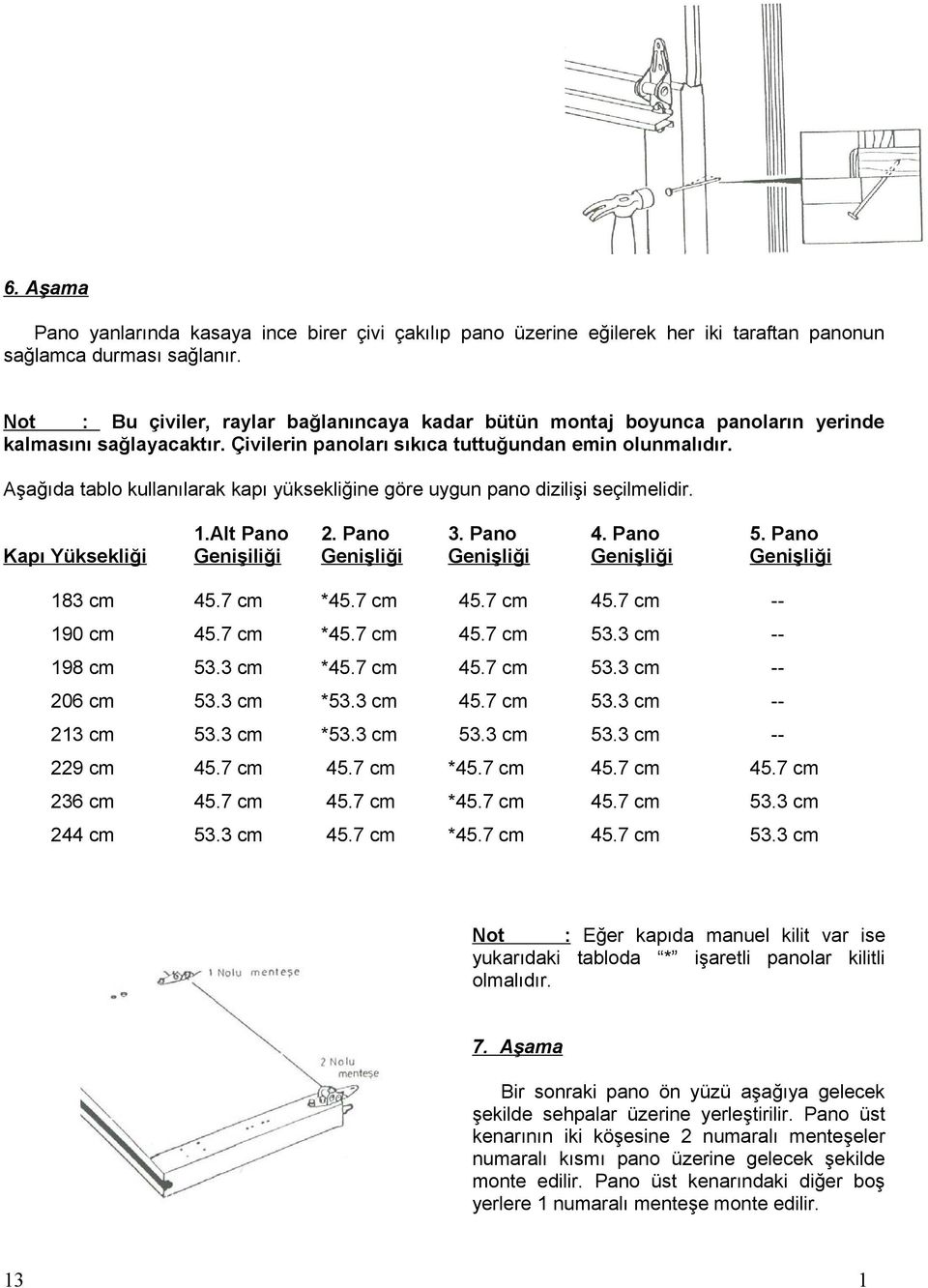 Aşağıda tablo kullanılarak kapı yüksekliğine göre uygun pano dizilişi seçilmelidir. 1.Alt Pano 2. Pano 3. Pano 4. Pano 5.