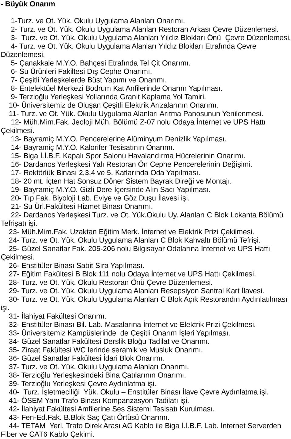 7- Çeşitli Yerleşkelerde Büst Yapımı ve Onarımı. 8- Entelektüel Merkezi Bodrum Kat Anfilerinde Onarım Yapılması. 9- Terzioğlu Yerleşkesi Yollarında Granit Kaplama Yol Tamiri.