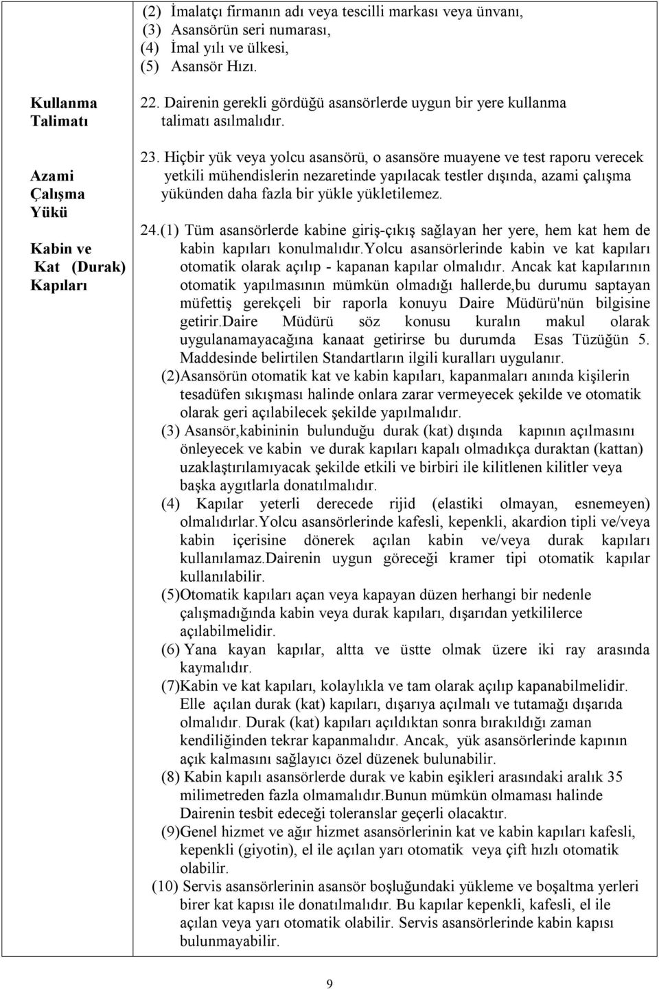 Hiçbir yük veya yolcu asansörü, o asansöre muayene ve test raporu verecek yetkili mühendislerin nezaretinde yapılacak testler dışında, azami çalışma yükünden daha fazla bir yükle yükletilemez. 24.