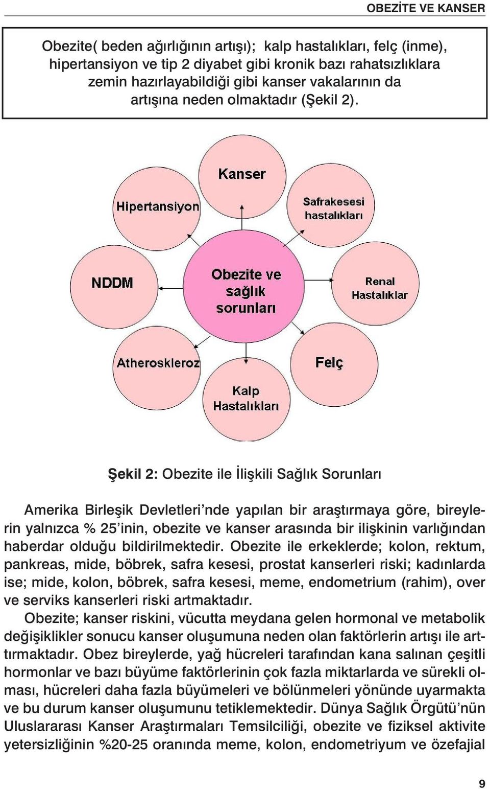 Şekil 2: Obezite ile İlişkili Sağlık Sorunları Amerika Birleşik Devletleri nde yapılan bir araştırmaya göre, bireylerin yalnızca % 25 inin, obezite ve kanser arasında bir ilişkinin varlığından