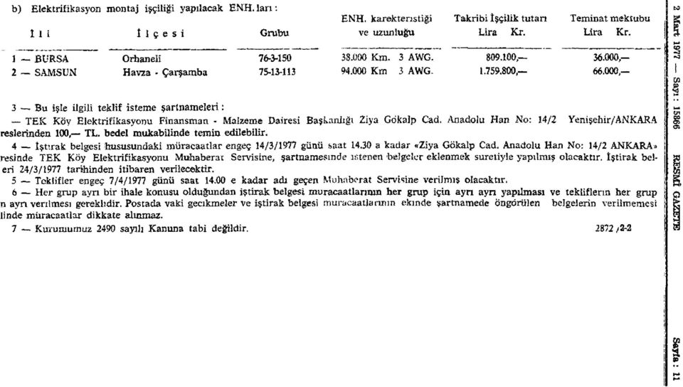 000, 3 Bu işle ilgili teklif isteme şartnameleri: TEK Köy Elektrifikasyonu Finansman - Malzeme Dairesi Başkanlığı Ziya Gökalp Cad. Anadolu Han No: 14/2 Yenişehir/ANKARA reslerinden 100, TL.