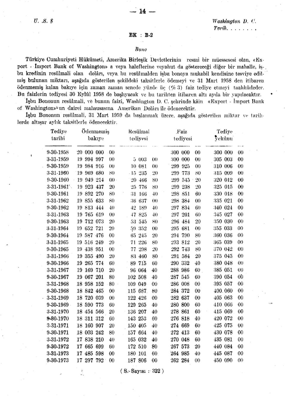 bu resülmalden işbu bnya mukabil kendisine tesviye edilmiş bulunan miktarı, aşağıda gösterilen şekildeki taksitlerle ödemeyi ve 31 Mart 1958 den itibaren ödenmemiş, kalan bakiye için zaman zaman