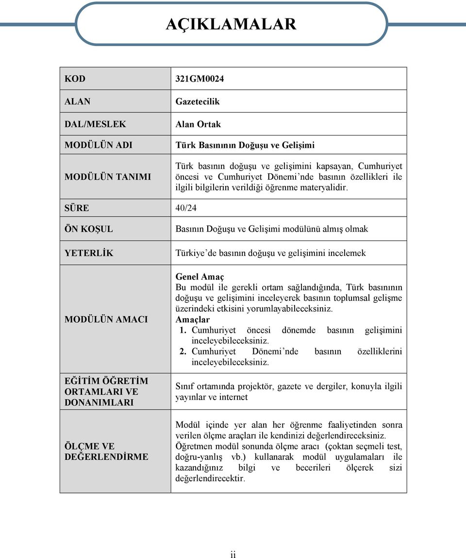 SÜRE 40/24 ÖN KOŞUL YETERLİK MODÜLÜN AMACI EĞİTİM ÖĞRETİM ORTAMLARI VE DONANIMLARI ÖLÇME VE DEĞERLENDİRME Basının Doğuşu ve Gelişimi modülünü almış olmak Türkiye de basının doğuşu ve gelişimini