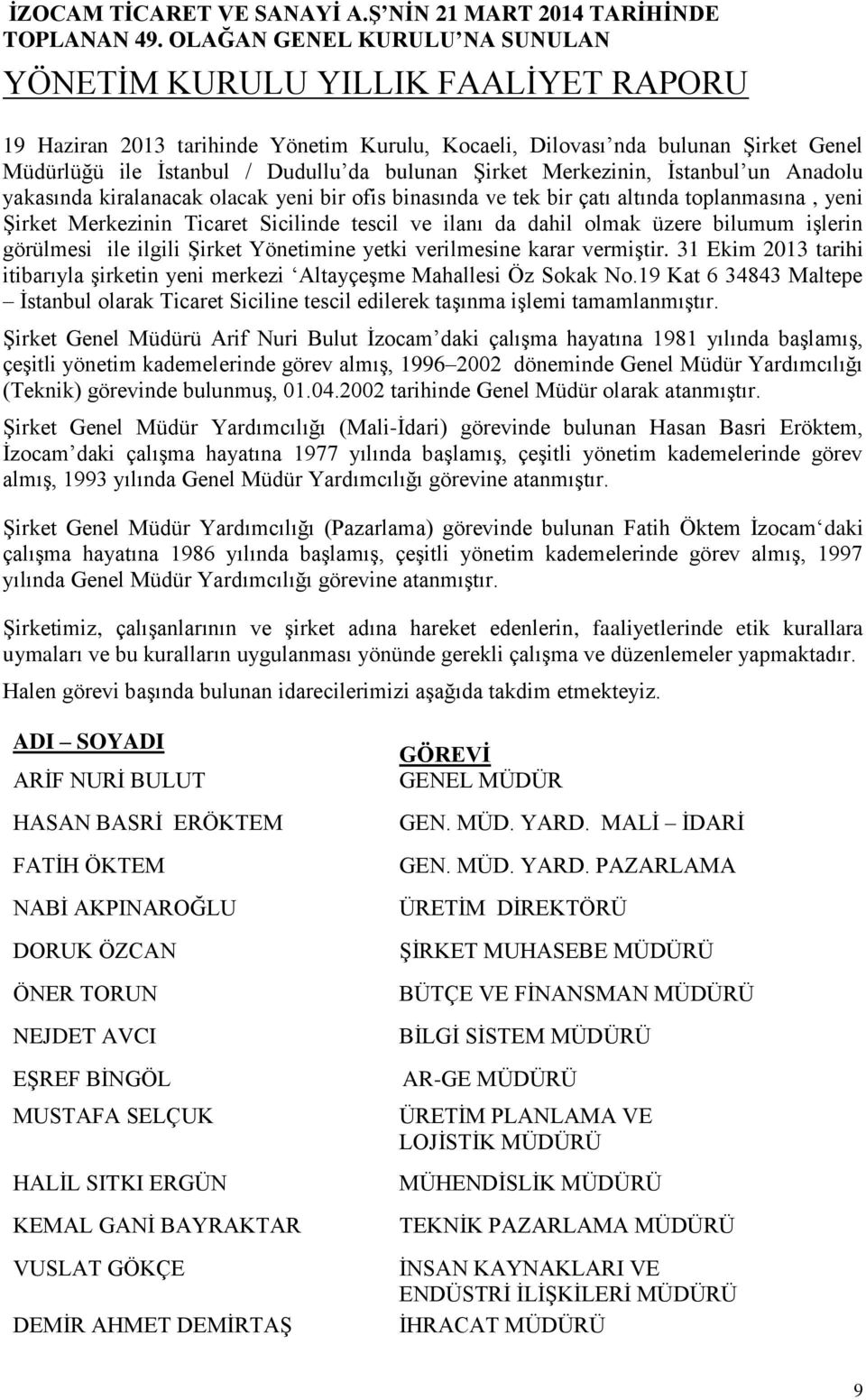 yetki verilmesine karar vermiştir. 31 Ekim 2013 tarihi itibarıyla şirketin yeni merkezi Altayçeşme Mahallesi Öz Sokak No.