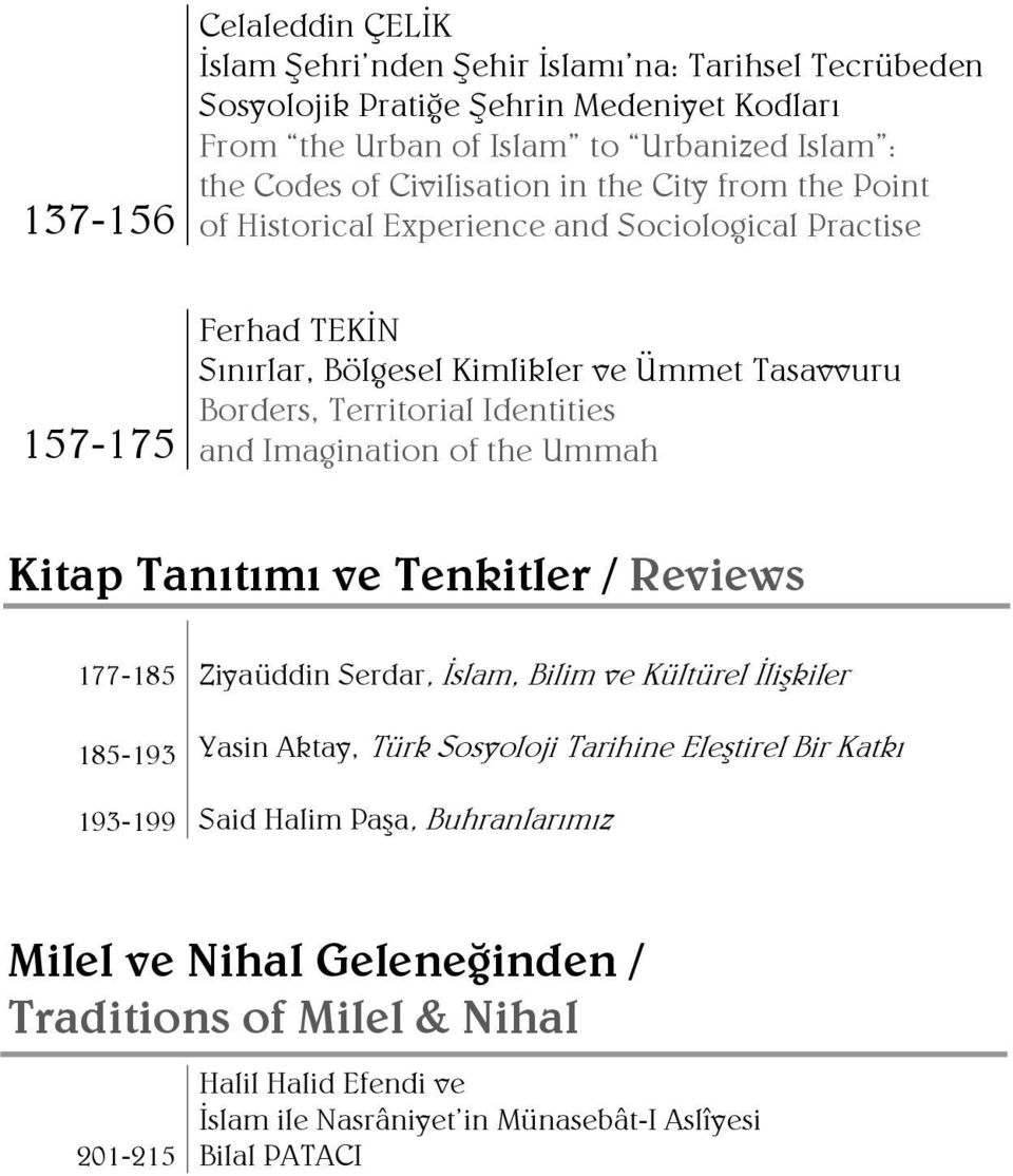 Identities and Imagination of the Ummah Kitap Tanıtımı ve Tenkitler / Reviews 177-185 185-193 193-199 Ziyaüddin Serdar, Đslam, Bilim ve Kültürel Đlişkiler Yasin Aktay, Türk Sosyoloji