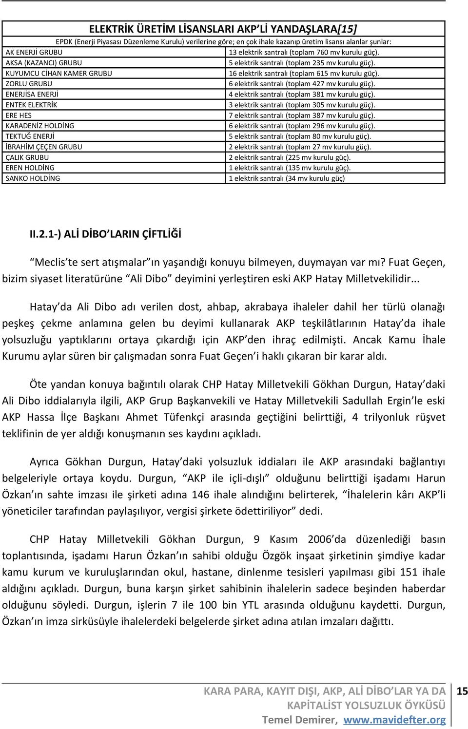 ZORLU GRUBU 6 elektrik santralı (toplam 427 mv kurulu güç). ENERJİSA ENERJİ 4 elektrik santralı (toplam 381 mv kurulu güç). ENTEK ELEKTRİK 3 elektrik santralı (toplam 305 mv kurulu güç).