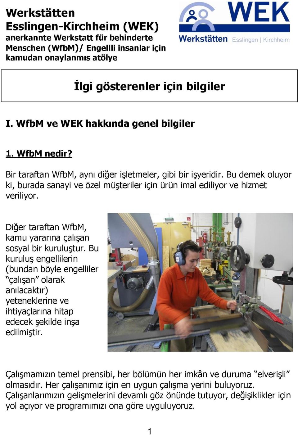 Bu demek oluyor ki, burada sanayi ve özel müşteriler için ürün imal ediliyor ve hizmet veriliyor. Diğer taraftan WfbM, kamu yararına çalışan sosyal bir kuruluştur.