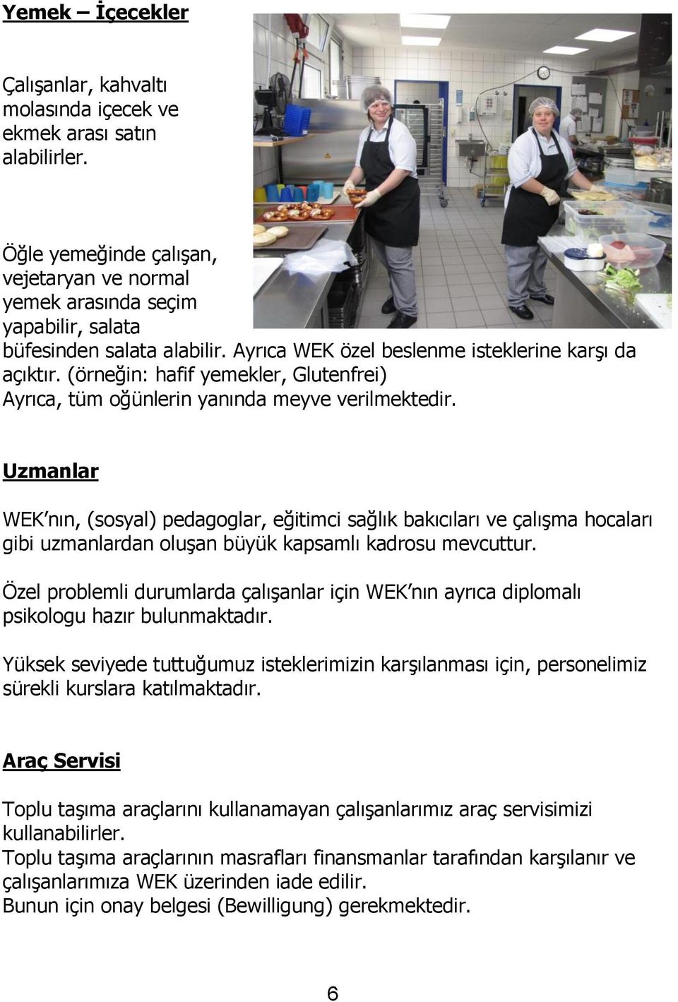 Uzmanlar WEK nın, (sosyal) pedagoglar, eğitimci sağlık bakıcıları ve çalışma hocaları gibi uzmanlardan oluşan büyük kapsamlı kadrosu mevcuttur.