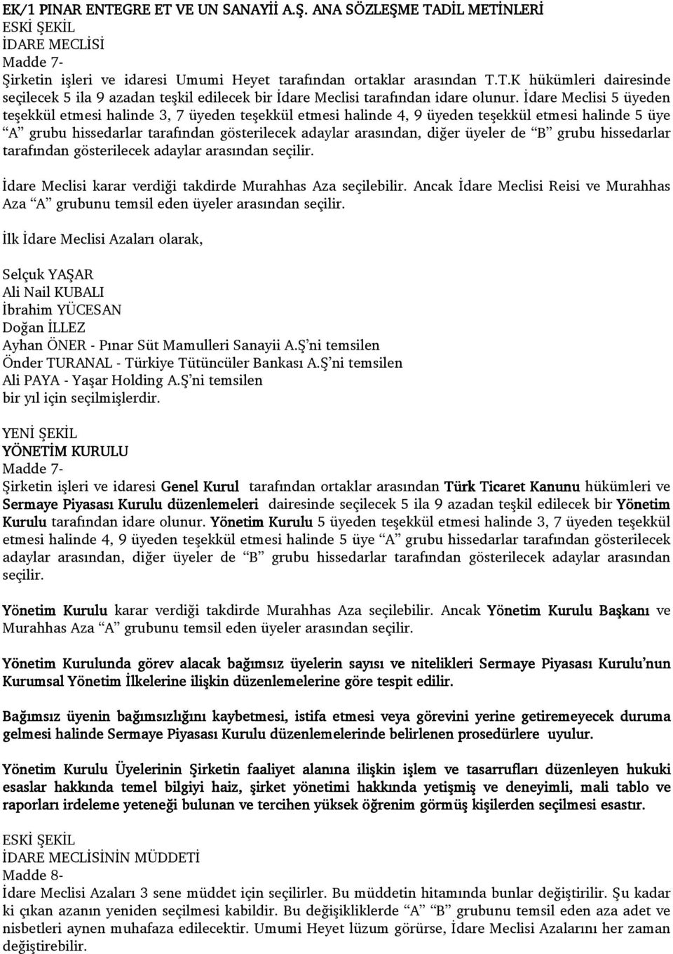 üyeler de B grubu hissedarlar tarafından gösterilecek adaylar arasından seçilir. İdare Meclisi karar verdiği takdirde Murahhas Aza seçilebilir.