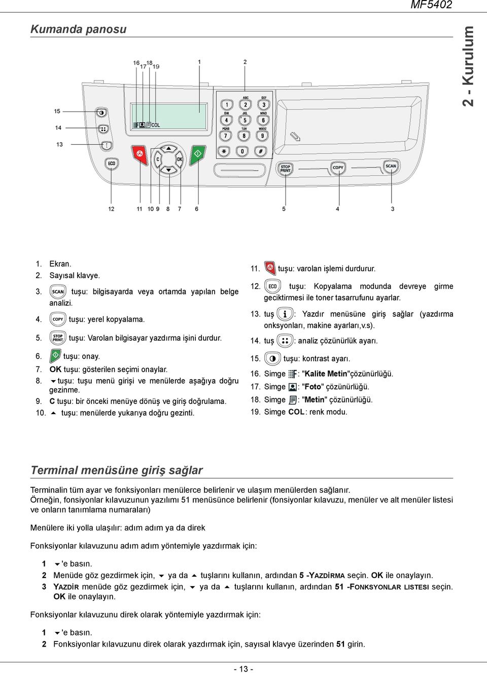 tuşu: menülerde yukarıya doğru gezinti. 11. tuşu: varolan işlemi durdurur. 12. tuşu: Kopyalama modunda devreye girme geciktirmesi ile toner tasarrufunu ayarlar. 13.