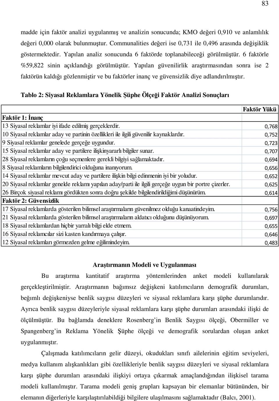 Yapılan güvenilirlik araştırmasından sonra ise 2 faktörün kaldığı gözlenmiştir ve bu faktörler inanç ve güvensizlik diye adlandırılmıştır.