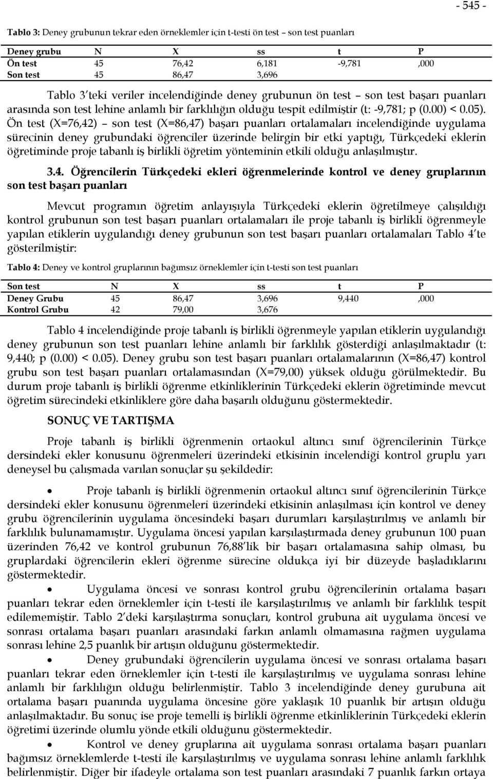 Ön test (X=76,42) son test (X=86,47) başarı puanları ortalamaları incelendiğinde uygulama sürecinin deney grubundaki öğrenciler üzerinde belirgin bir etki yaptığı, Türkçedeki eklerin öğretiminde