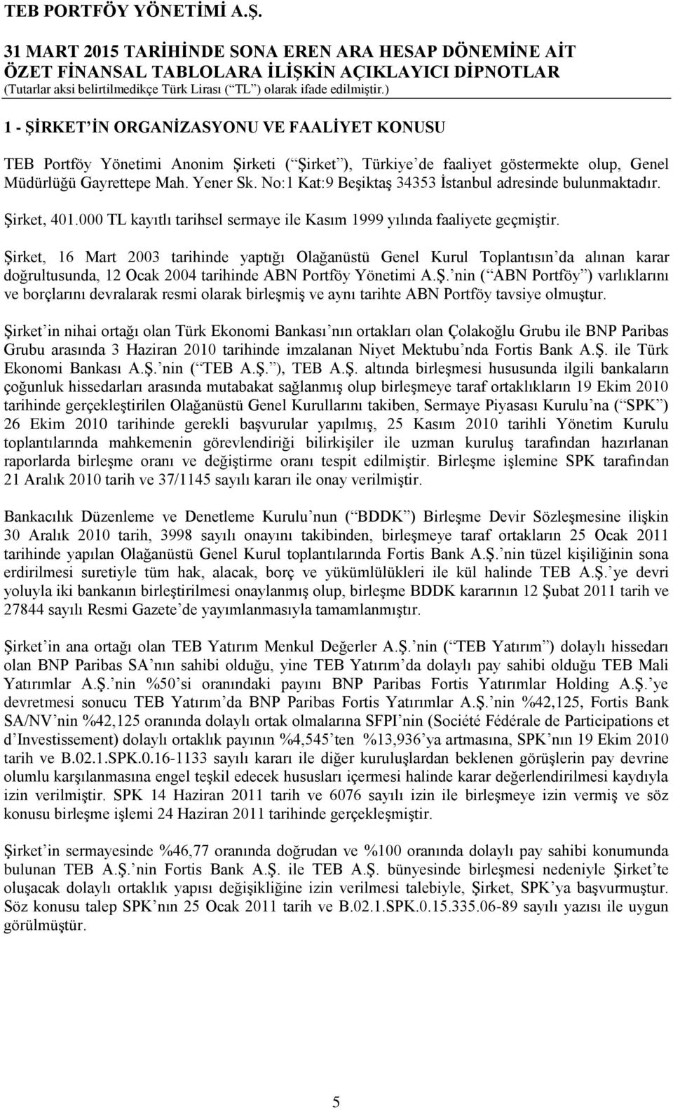 Şirket, 16 Mart 2003 tarihinde yaptığı Olağanüstü Genel Kurul Toplantısın da alınan karar doğrultusunda, 12 Ocak 2004 tarihinde ABN Portföy Yönetimi A.Ş. nin ( ABN Portföy ) varlıklarını ve borçlarını devralarak resmi olarak birleşmiş ve aynı tarihte ABN Portföy tavsiye olmuştur.