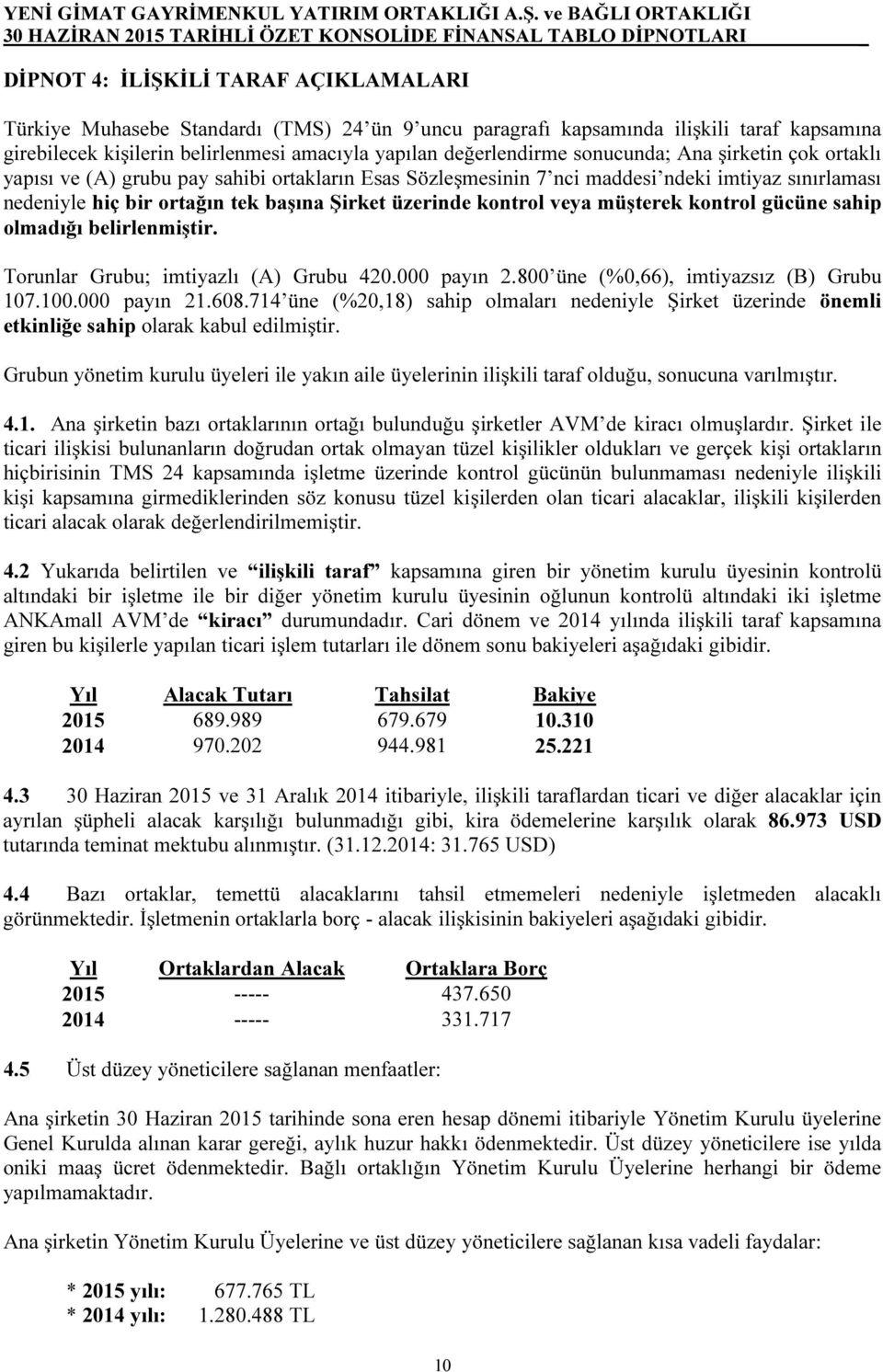 veya müşterek kontrol gücüne sahip olmadığı belirlenmiştir. Torunlar Grubu; imtiyazlı (A) Grubu 420.000 payın 2.800 üne (%0,66), imtiyazsız (B) Grubu 107.100.000 payın 21.608.