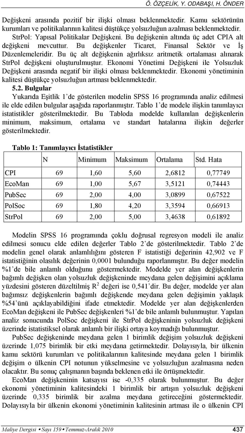 Bu üç alt değişkenin ağırlıksız aritmetik ortalaması alınarak StrPol değişkeni oluşturulmuştur. Ekonomi Yönetimi Değişkeni ile Yolsuzluk Değişkeni arasında negatif bir ilişki olması beklenmektedir.