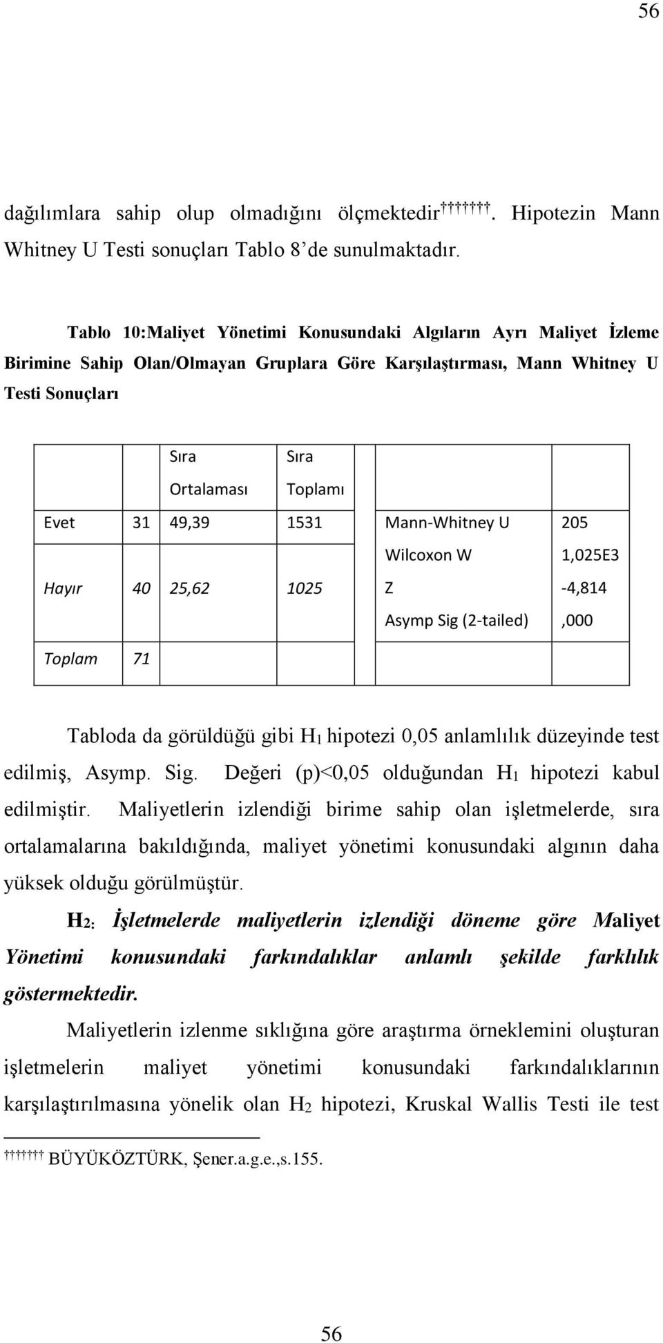 49,39 1531 Mann-Whitney U Hayır 40 25,62 1025 Wilcoxon W Z Asymp Sig (2-tailed) 205 1,025E3-4,814,000 Toplam 71 Tabloda da görüldüğü gibi H1 hipotezi 0,05 anlamlılık düzeyinde test edilmiş, Asymp.