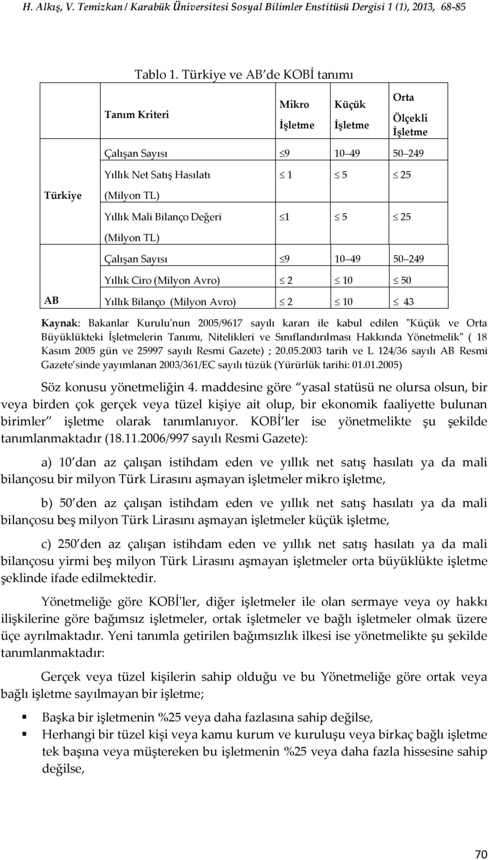 Değeri 1 5 25 (Milyon TL) Çalışan Sayısı 9 10 49 50 249 Yıllık Ciro (Milyon Avro) 2 10 50 AB Yıllık Bilanço (Milyon Avro) 2 10 43 Kaynak: Bakanlar Kurulu'nun 2005/9617 sayılı kararı ile kabul edilen